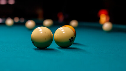 Billiards pyramid. Billiard ball on the table.