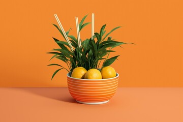 A bowl with plants beside a bowl of orange sticks. Generative AI