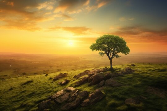 Scenic sunrise vista with a small tree, evoking concepts of green world and Earth Day. Generative AI