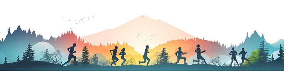 marathon, runners running in nature drawing flat graphics background minimalism