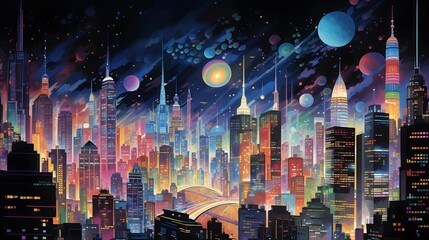 Futuristic city panoramic illustration. Futuristic cityscape.