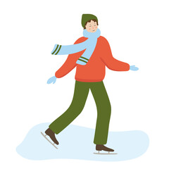Male cartoon character skating on ice. Man wearing winter clothes and ice skates enjoying outdoor sport activity. Hand drawn flat vector illustration. Seasonal wintertime hobby