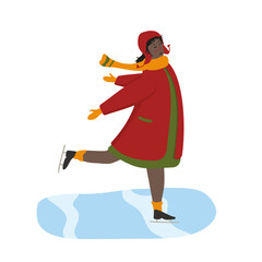 Young black female cartoon character ice skating. African-American woman wearing winter clothes and ice skates enjoying outdoor seasonal hobby activity. Diversity concept, flat vector illustration
