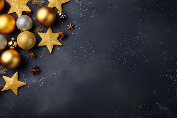 Christmas greeting card. Golden baubles and star on black background. Copy space. Top view. Flat lay.