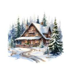 a picture of a winter house painted with watercolor paints