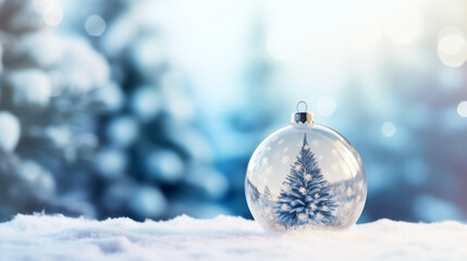 Christmas glass ball with fir tree on snow and bokeh background