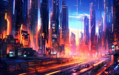 City at night with light trails and traffic. 3d illustration.