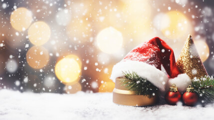 Christmas decoration with santa claus hat and baubles in snow. Blurred christmas bokeh background - 667615388