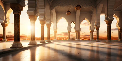 A scene from the inside of a mosque with a light on the ceiling and a large window with the sun shining on it, Islamic mosque background with sunset view, GENERATIVE AI

 - obrazy, fototapety, plakaty