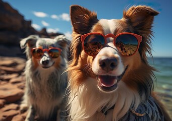 Two dogs are taking selfies on a beach earing sunglasses, sunny day with blue water
