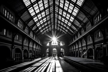 Panoramic view of the interior of the old railway station. Black and white