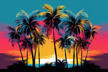 Fototapeta na wymiar Serene tropical beach at sunset with silhouettes of palm trees against a bright and colorful abstract sky.