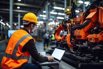 A male engineer in a hard hat inspects equipment in a modern manufacturing plant using a laptop. - obrazy, fototapety, plakaty