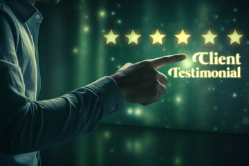 Client Testimonial star ratings, Star hand touch, Hand finger tip pointing towards client testimonials, Star rating concept banner, Businessman touching stars on shiny digital screen, user experience