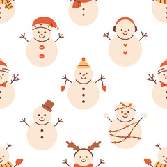 Vector snowman seamless pattern. Christmas funny snowman characters on white background. Pattern with cute winter snowman wearing hat and scarf. Wrapping or textile design.