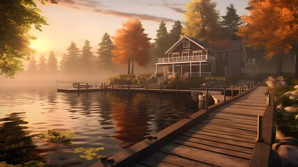 Beautiful autumn landscape with lake and wooden pier. Panorama.