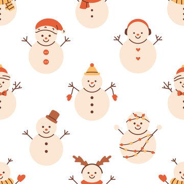 Vector snowman seamless pattern. Christmas funny snowman characters on white background. Pattern with cute winter snowman wearing hat and scarf. Wrapping or textile design.