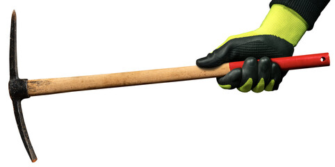 Closeup of a hand with protective work glove holding a Pickaxe or Pick axe, isolated on white...