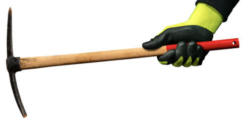 Closeup of a hand with protective work glove holding a Pickaxe or Pick axe, isolated on white background with reflection. Hand tool used for digging.