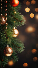 Fototapeta na wymiar Christmas tree with golden baubles on bokeh lights background.