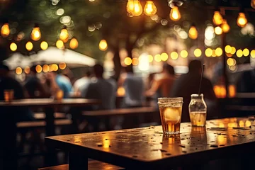Photo sur Plexiglas Magasin de musique Bokeh background of Street Bar beer restaurant, People sit chill out and hang out dinner and listen to music together.