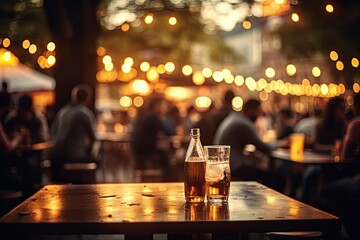 Bokeh background of Street Bar beer restaurant, People sit chill out and hang out dinner and listen to music together. - obrazy, fototapety, plakaty