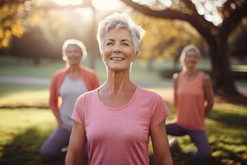 Active graceful Senior Women and Friends Practicing Yoga in Lively Park Stretching muscle health, workout, and training with the retirement community