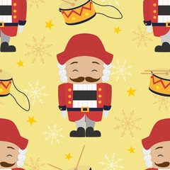 Vector seamless pattern with Nutcracker character in cartoon style. Nutcracker christmas background