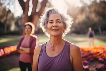 Active graceful Senior Women and Friends Practicing Yoga in Lively Park Stretching muscle health, workout, and training with the retirement community