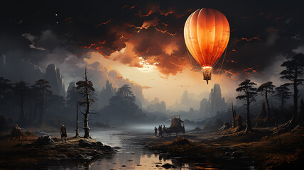 vintage aerostat flies over a swamp landscape mysterious lost island fantasy world. © kichigin19
