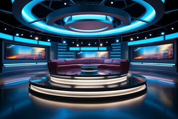 Immersive TV studio stage, with led and spotlights lights and luxury couch
