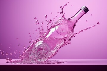 A soda bottle pouring into water, on a pink and purple background with water drops on the floor. Generative AI - obrazy, fototapety, plakaty