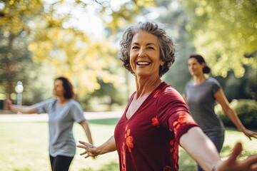 Active graceful Senior Women and Friends Practicing Yoga in Lively Park Stretching muscle health, workout, and training with the retirement community