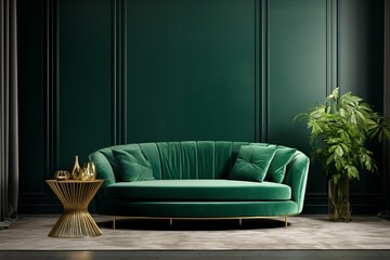 Mockup of a contemporary living room with a green sofa, armchair, and luxurious interior background. Generative AI