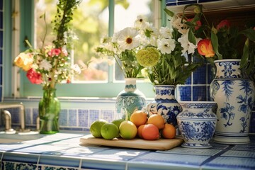 Details of maximalist style kitchen decorated in bright colors, with flowers and mediterranean design elements