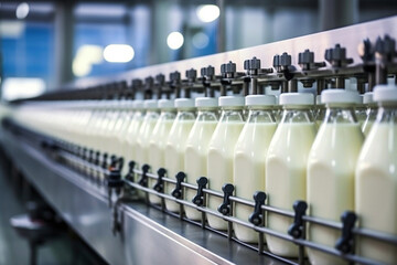 Fototapeta premium Conveyor for bottling milk into bottles at a modern dairy plant. Line for bottling and packaging of dairy products. Industrial equipment. Fresh milk.