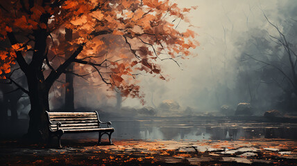 a bench in an autumn park landscape in the morning fog and tranquility background with a copy of space.