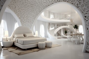 Interior of the luxury and extravagant hotel suite with large bed