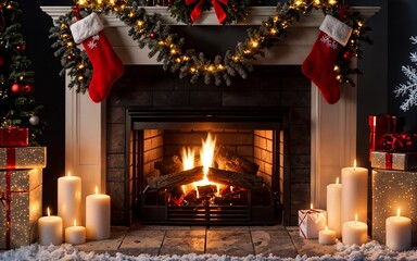 Fototapeta na wymiar Cozy Christmas Eve Presents, Open Fire, Xmas Decorations, Festive Atmosphere ai generated