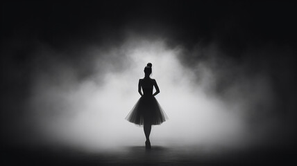 silhouette of a ballerina on stage in smoke and dramatic light. - obrazy, fototapety, plakaty