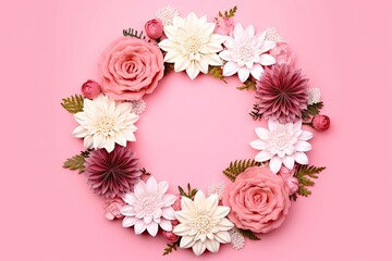 Romantic floral frame. Pink blossoms for greeting cards. Springtime elegance. Floral border in white. Blooming beauty. Flowers for card design