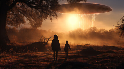 Children in Awe at Mysterious UFO Encounter alien visit at Radiant Forest Meadow - obrazy, fototapety, plakaty