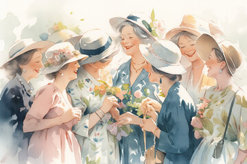 illustration of a Group of senior retirement women friends having fun together. Happiness Concept.