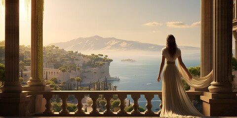 A contemplative Cleopatra stands at the balcony of her palace, the vast Mediterranean Sea behind her, with ships dotting the horizon, her silhouette framed by white limestone pillars