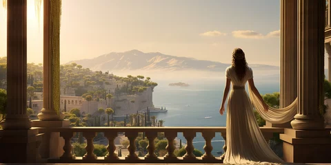 Fotobehang A contemplative Cleopatra stands at the balcony of her palace, the vast Mediterranean Sea behind her, with ships dotting the horizon, her silhouette framed by white limestone pillars © EOL STUDIOS