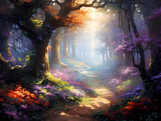 Beautiful fantasy landscape with foggy forest and bright colorful flowers.
