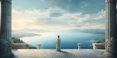 Fotobehang A contemplative Cleopatra stands at the balcony of her palace, the vast Mediterranean Sea behind her, with ships dotting the horizon, her silhouette framed by white limestone pillars © EOL STUDIOS