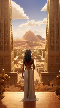 A confident Cleopatra overseeing the construction of a new temple, her image framed by massive sandstone blocks and hieroglyphics telling tales of her reign