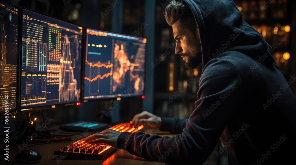 Aufkleber Crypto trader analyzing real-time price charts on multiple computer screens in a dimly lit, tech-filled room.
