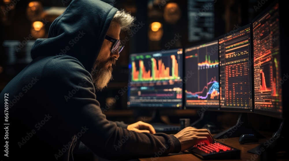 Aufkleber Crypto trader analyzing real-time price charts on multiple computer screens in a dimly lit, tech-filled room.